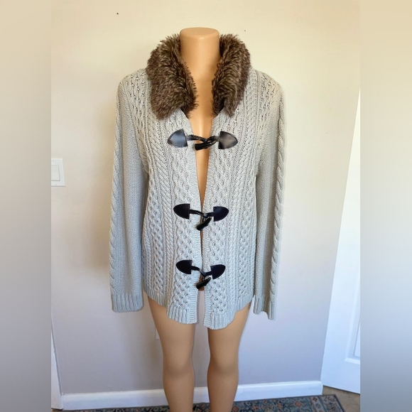 DRESS BARN KNIT CARDIGAN SEATER LOOP FAUX FUR COLLAR WOMEN’S XL GRAY - Picture 7 of 7